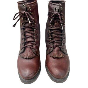 DD Tuff Packer Brown Leather Lace-Up Boots Women’s 10M Kiltie Wooden Heel Vintag